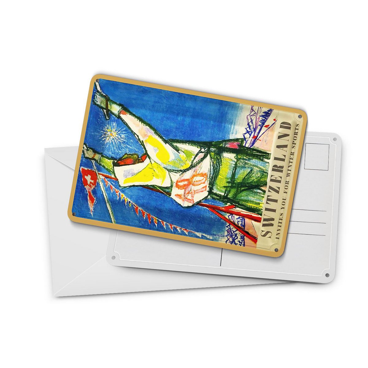 Tin postcard travel 10x14 cm Switzerland invites for winter sport decorative sign