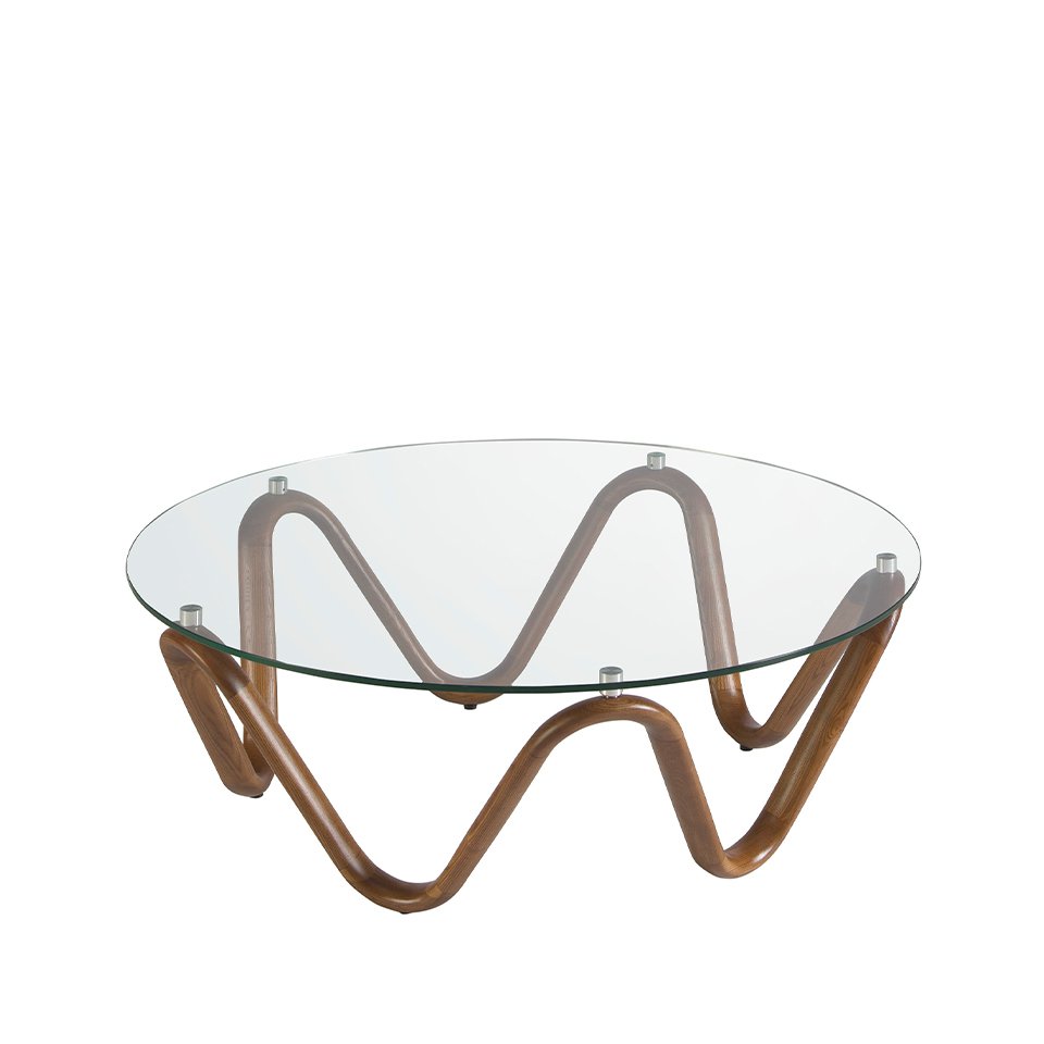 Round tempered glass and walnut coffee table 2124