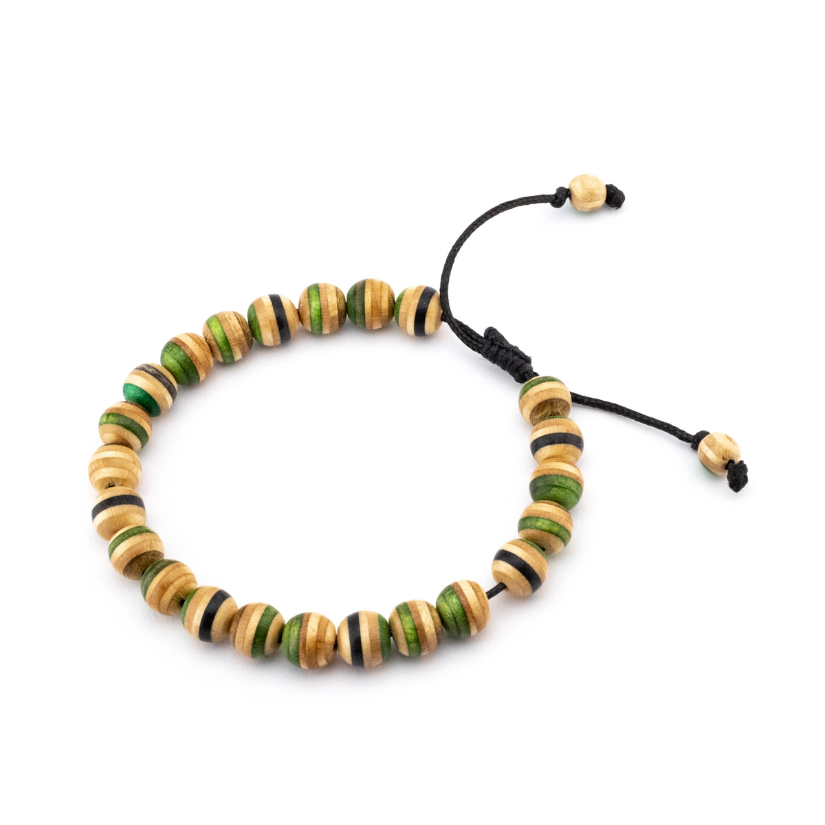 Recycled Skateboards Wood Bead Bracelet, Green, 8mm Beads, Unisex, Adjustable