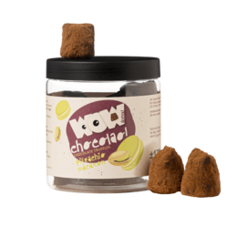 Pot cadeau de truffes au chocolat et macaron à la pistache 130g | Chocolat de luxe à la pistache