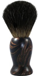 A shaving brush with a beech wood handle in a marbled pattern. The brush has a dense, black bristle head.