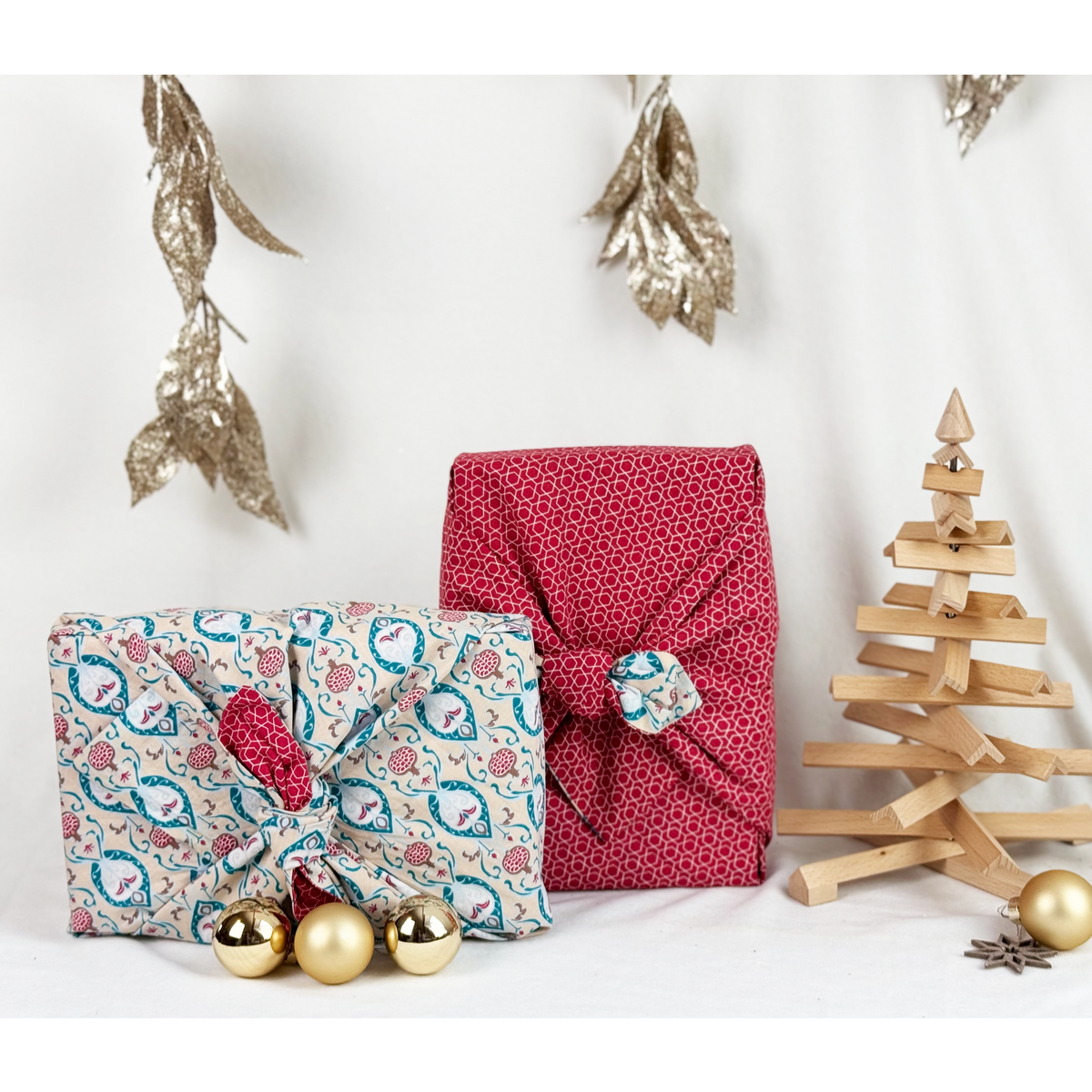 Furoshiki gaveindpakning - 6 stykke Teal & Cherry Bundle - Stof gaveindpakning