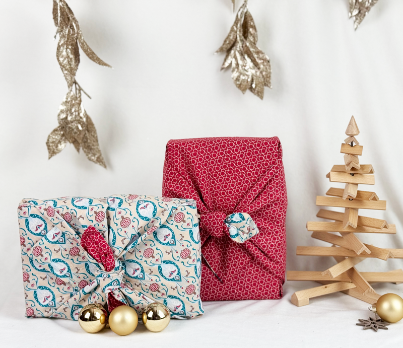 Envoltura de regalo Furoshiki - Paquete de 6 piezas de color verde azulado y cereza - Envoltura de regalo de tela