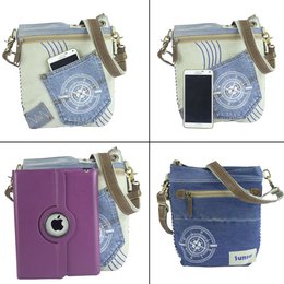 Bolso de hombro sostenible de mujer Sunsa. Bolso bandolera hecho de jeans reciclados y lona (canvas). Bolso estilo retro vintage. Bolso bandolera para mujer con motivo marinero
