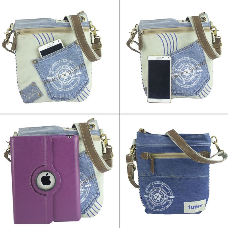 Sunsa Bæredygtig Skuldertaske til kvinder. Skuldertaske lavet af genbrugte jeans & canvas (canvas). Håndtaske i vintage retro stil. Crossbody taske til kvinder med maritimt motiv