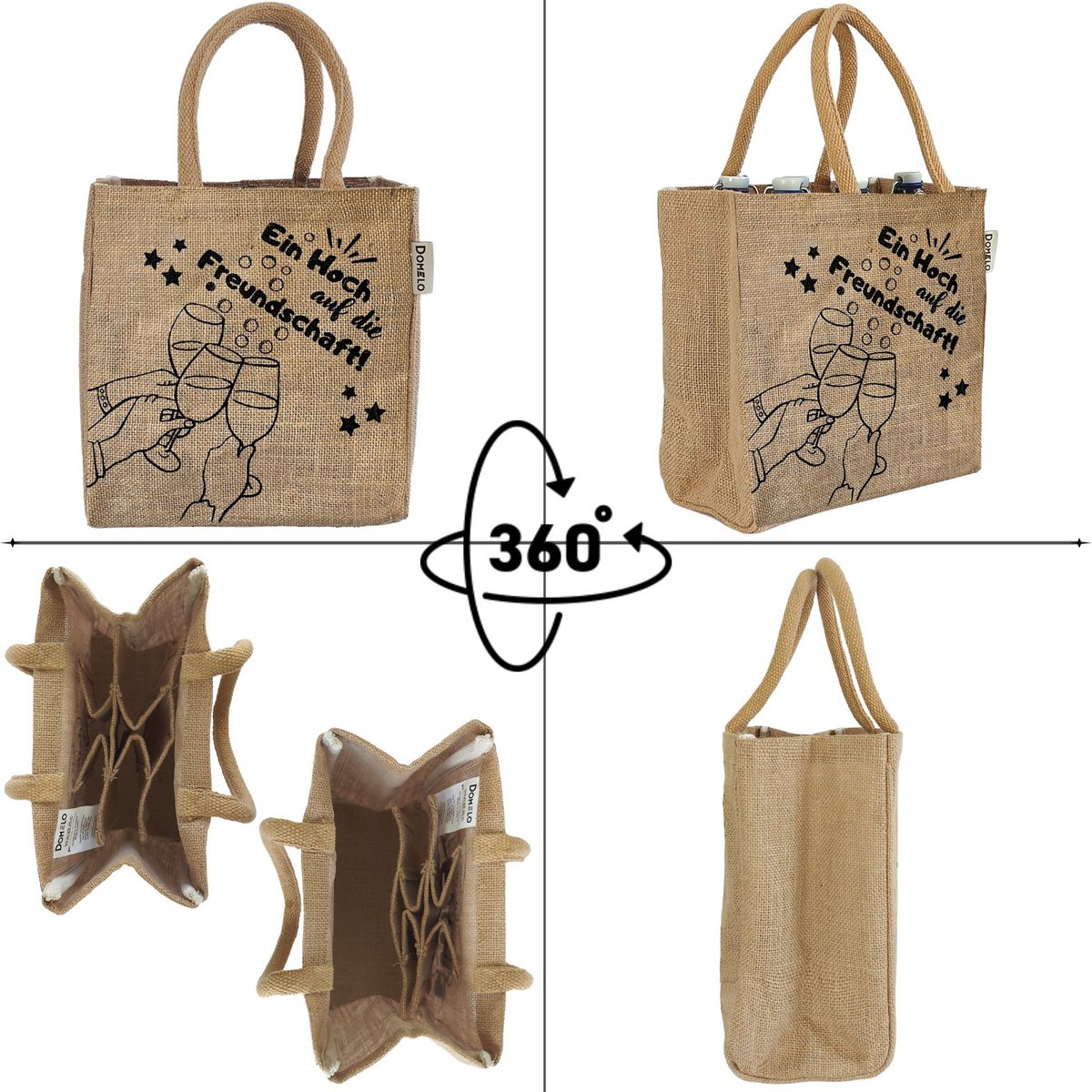 Jute bottle bag. Vegan 6 beer bottle carrier/can carrier shopping basket with dividers for bottles.