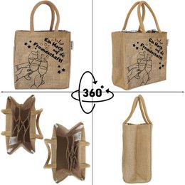 Jute bottle bag. Vegan 6 beer bottle carrier/can carrier shopping basket with dividers for bottles.