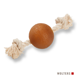 A round, brown pet toy with a rope attached, suitable for dogs or cats to play with.