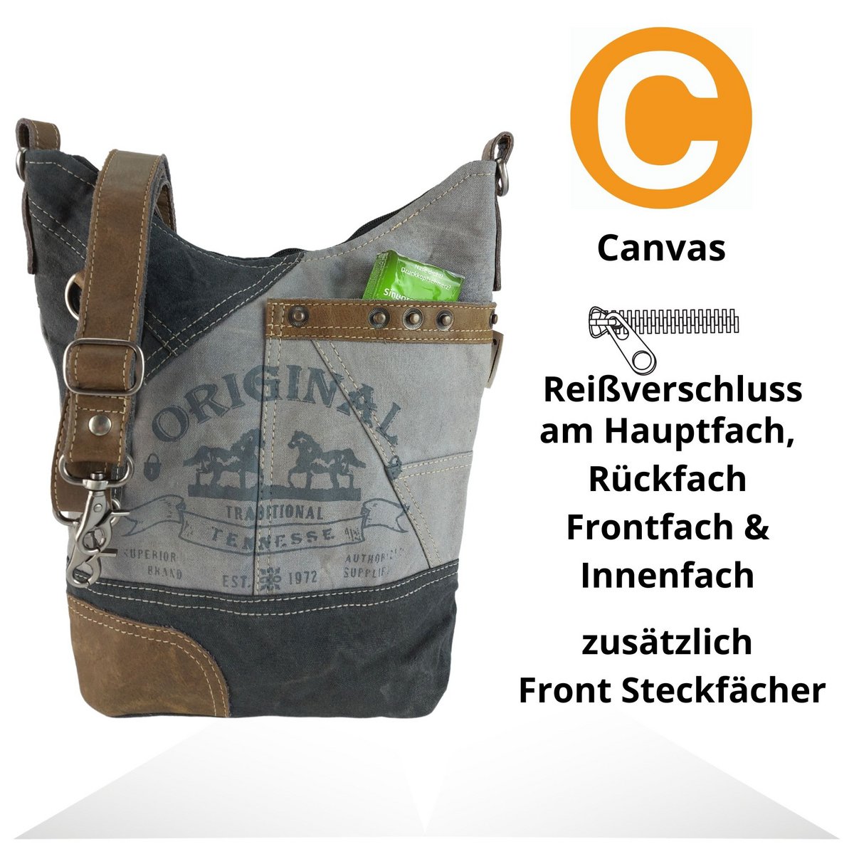 Sunsa dames schoudertas. Handtas gemaakt van canvas (canvas) & leer. Schoudertas in vintage stijl. Grote crossbody tas voor dames met paardenmotief grijs zwart