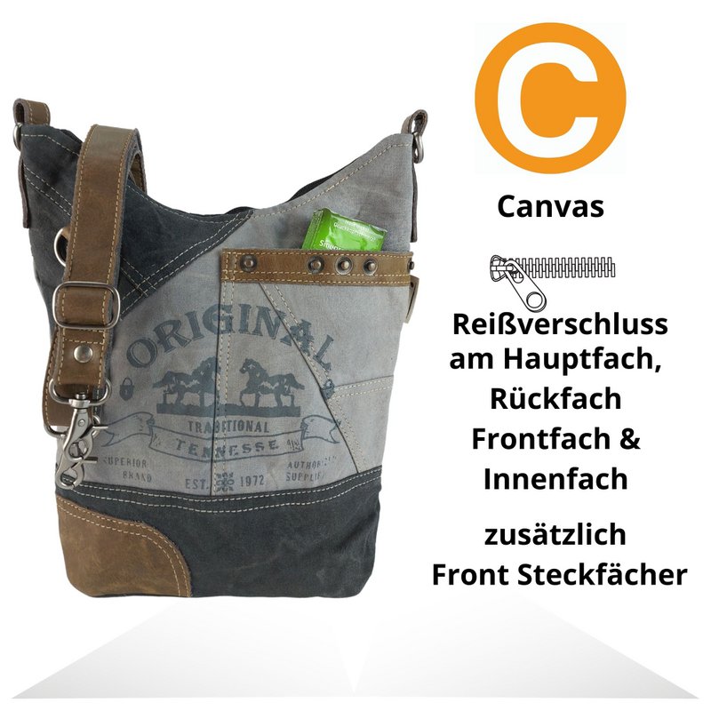 Sunsa dames schoudertas. Handtas gemaakt van canvas (canvas) & leer. Schoudertas in vintage stijl. Grote crossbody tas voor dames met paardenmotief grijs zwart