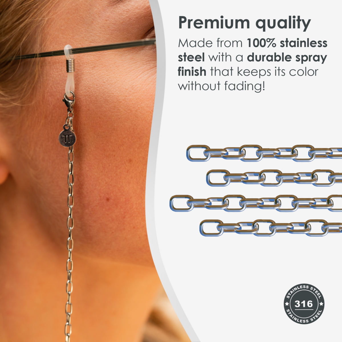 Glasses Cord Links Silver — 100% Stainless Steel & Unisex Eyewear Cords for Women and Men — Glasses Chain with Extra Loops — Brillenkoord Brillenband Brillenkette Cordon de Lunettes Cordón Para Gafas