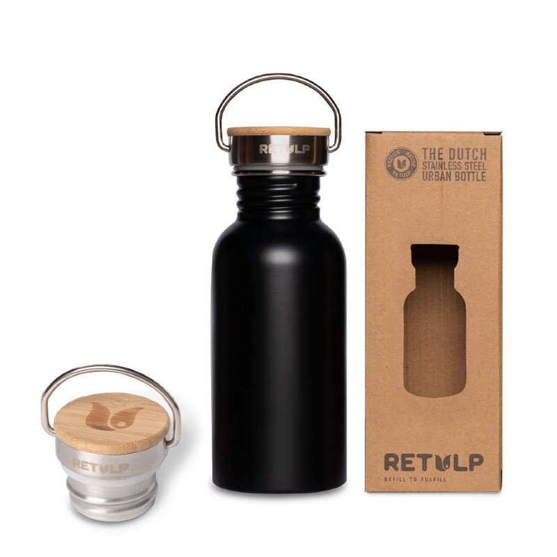 Botella de acero inoxidable con tapón de bambú 500 ml acero NEGRO