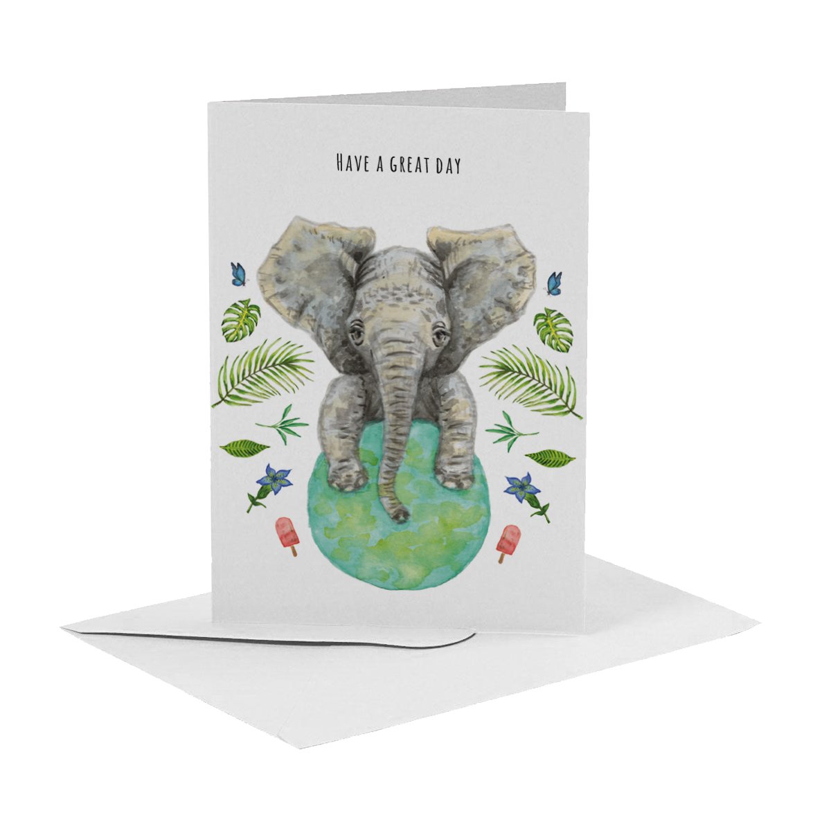 10 lykønskningskort hav en dejlig dag + god dag med kuvert - håndmalet - postkort - elefant - papegøje - botanisk - A6 størrelse