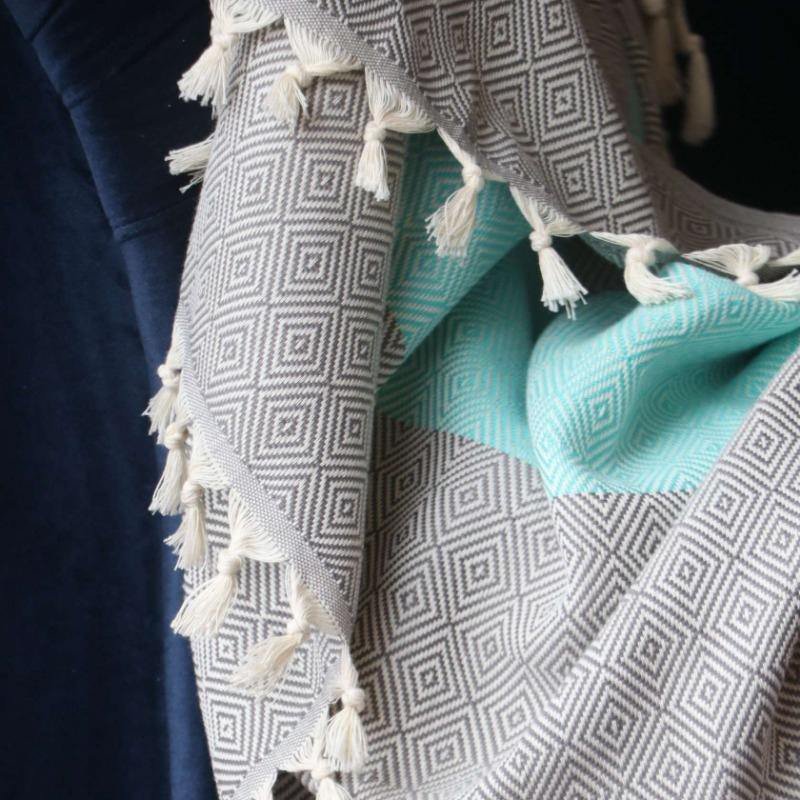 Diamond Cotton Bedspread-Grey and Green Turquoise