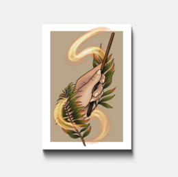Colorful postcard featuring an artistic illustration of a shrimp or prawn with vibrant colors and flowing shapes.
