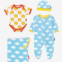 Organic cotton baby gift set with romper, hat and body with sun cloud pressure