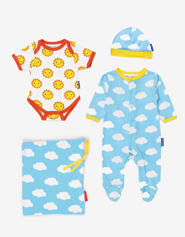 Ensemble cadeau pour bébé en coton biologique avec robeur, chapeau et corps avec pression de nuage de soleil