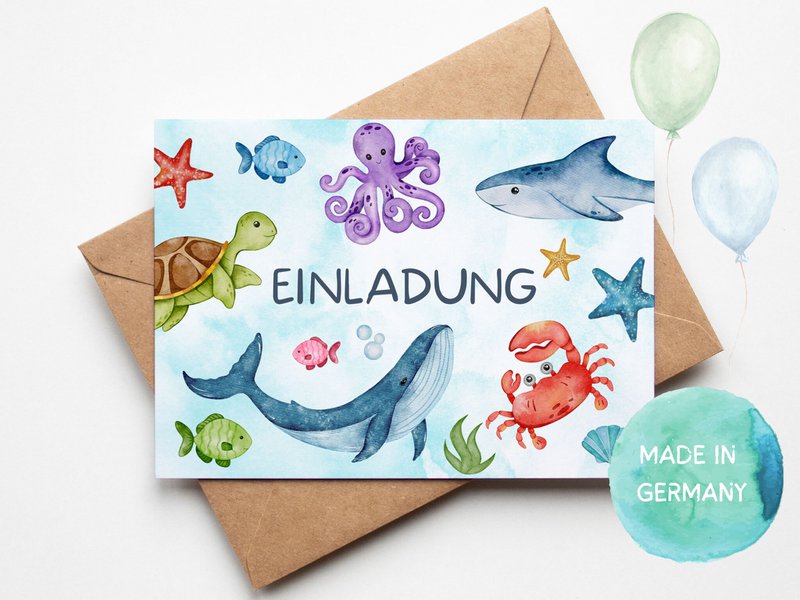 Underwater invitation card set to fill out including envelopes for shark children's birthday parties or mermaid parties