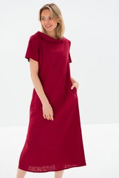 Burgundy wine red linen midi dress, short sleeves, belted waist, A-line silhouette, casual elegant style.
