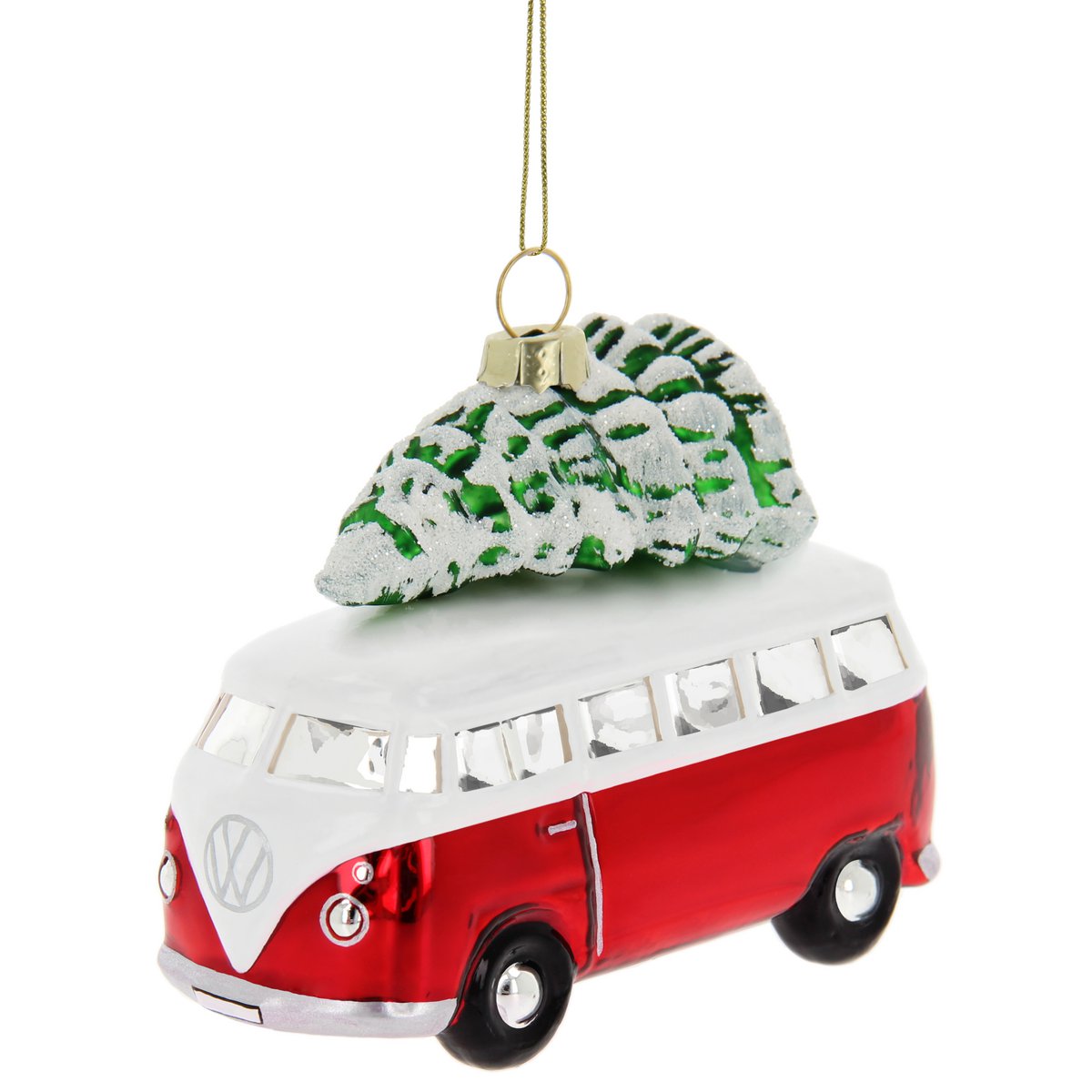 Volkswagen VW T1 Bus Glasdekoration/Weihnachtsschmuck in Geschenkbox – Rot mit Baum