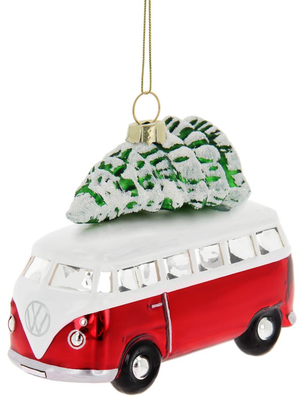 Volkswagen VW T1 Bus Glasdekoration/Weihnachtsschmuck in Geschenkbox – Rot mit Baum