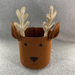 A brown felt basket with a deer-like face and glittery antlers, suitable for holding small ornaments or trinkets.