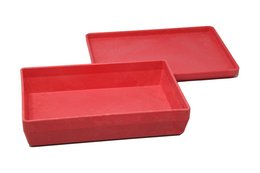 Red stackable storage box with lid, made of wood, for organizing and storing items.