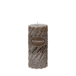 Tall, cylindrical white chocolate-scented candle with a swirling pattern design, suitable for home decor and ambiance.