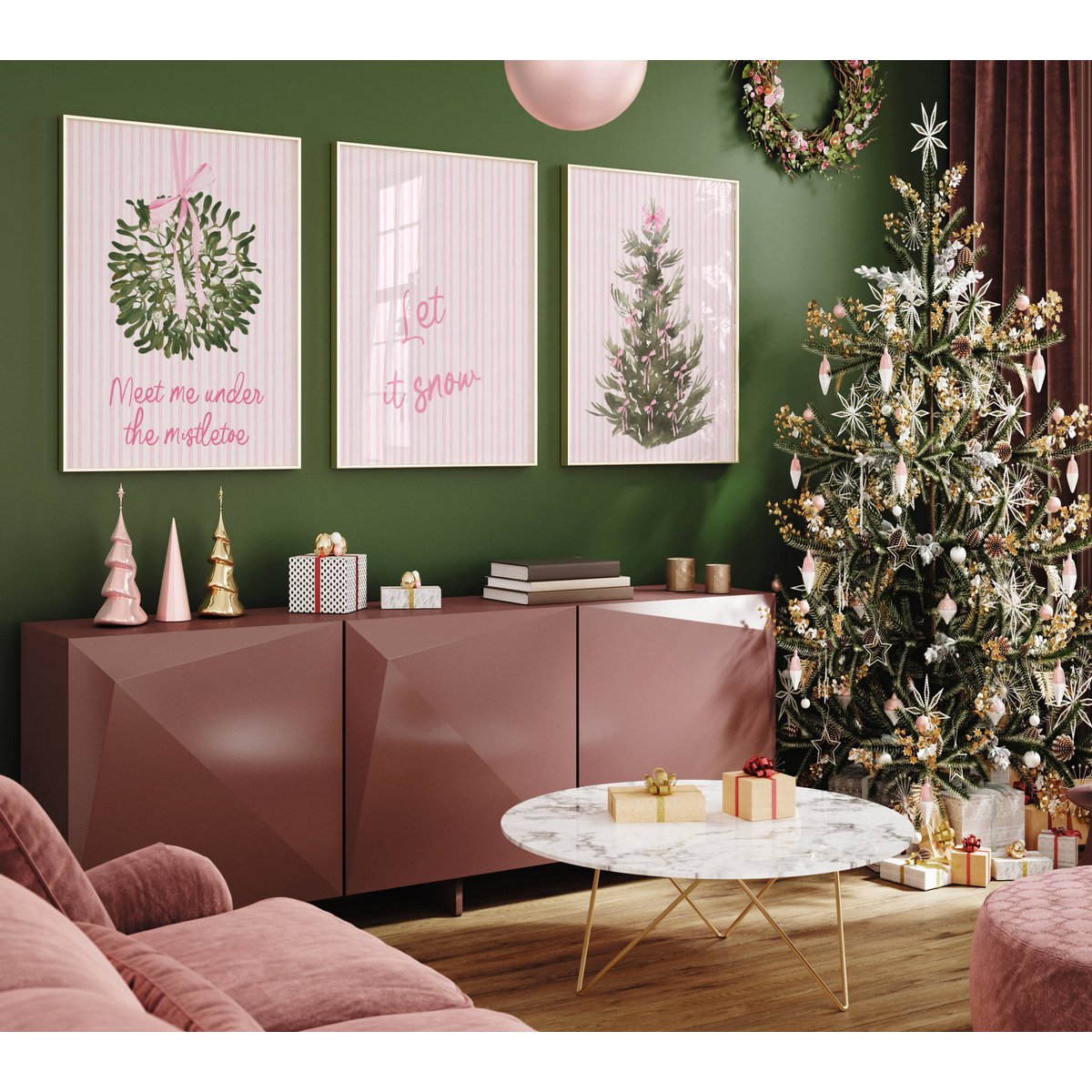Plakat Kerst Let It Snow, Preppy Kerst Poster, Pink Christmas Plakat, Christmas Tree Poster, Pink Bows Print, Pink Christmas Decor
