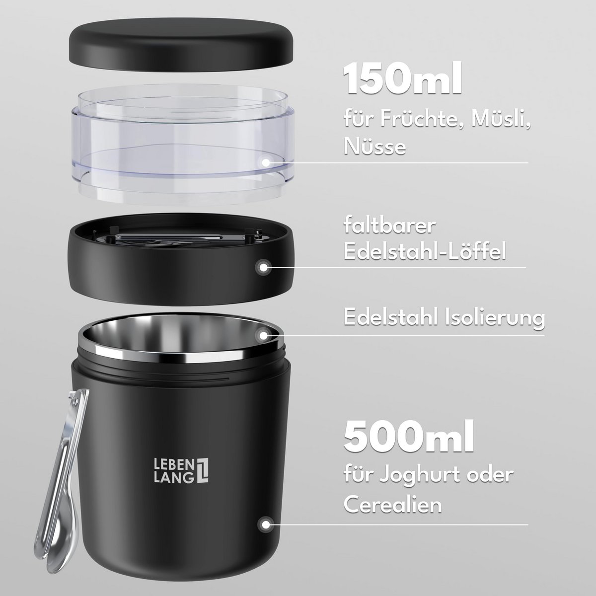Taza de cereales para llevar de por vida con cuchara - pared interior aislante de acero inoxidable y 650 ml I taza de yogur para llevar taza de cereales taza de cereales para llevar taza para gachas yogur yogur niños y adultos en movimiento