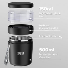 LEBENLANG Müslibecher To Go mit Löffel - Isolierende Edelstahlinnenwand & 650ml I Joghurtbecher to go Müslibecher Müsli to go Becher für Porridge Joghurt Yoghurt Kinder & Erwachsene Unterwegs