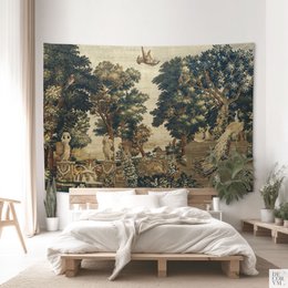 Vue sur la forêt et la rivière avec oiseaux paon Tenture murale | TRE009
