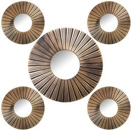 Set of 5 golden melamine wall mirrors with a sunburst design. The mirrors have a warm, wooden-like finish and a circular shape that creates a decorative, radiant effect.