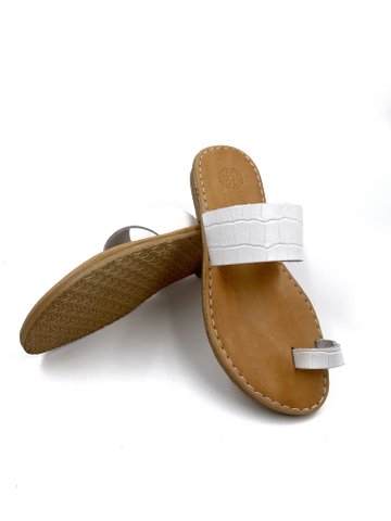 Witte platte Croc lederen sandalen voor dames, slide lederen damesslippers, Griekse sandalen met ronde neus, handgemaakte slingbacks van 100% leer
