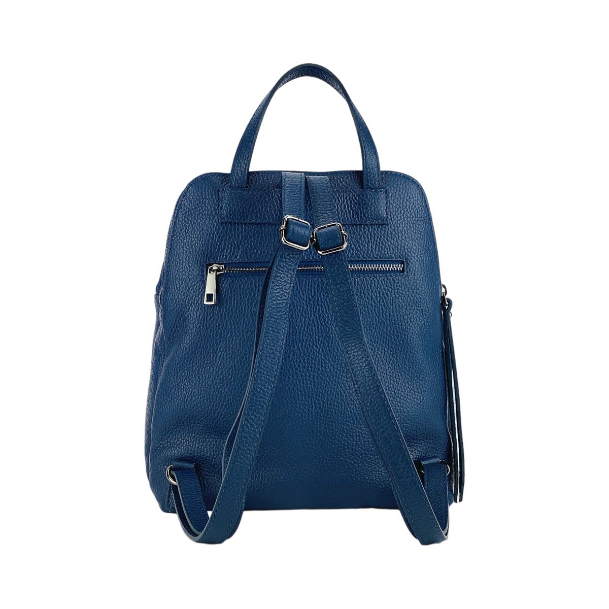 RB1018D | Echt leren damesrugzak met dubbel compartiment, gemaakt in Italië, met verstelbare schouderbanden. Gunmetal metalen accessoires - Blauwe kleur - Afmetingen: 26 x 30 x 14,5 cm