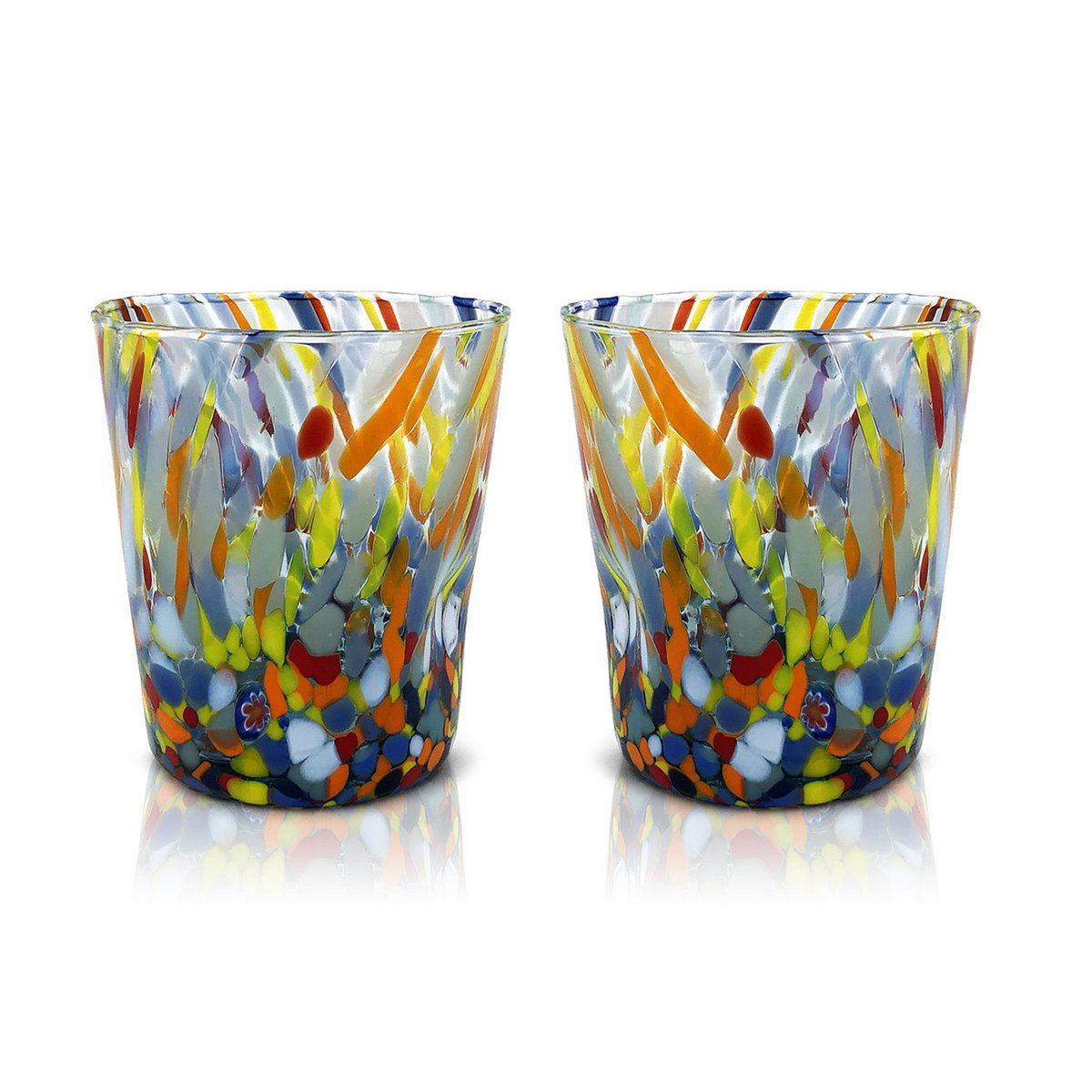 Klassische Trinkgläser aus mundgeblasenem und handgefertigtem Glas mit Murano-Murrin, Linie „I Colori di Murano“, 350 ml. Hergestellt in Italien