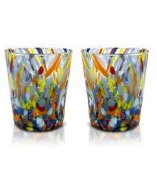 Klassische Trinkgläser aus mundgeblasenem und handgefertigtem Glas mit Murano-Murrin, Linie „I Colori di Murano“, 350 ml. Hergestellt in Italien
