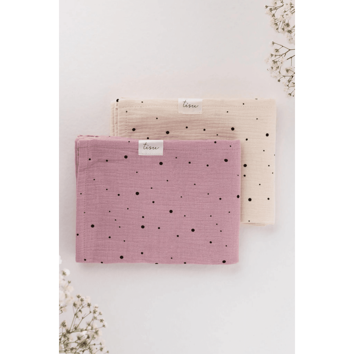 TISU mousseline set, roze + witte stip
