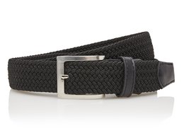 Braided elastic belt in black, taupe, and blue colors. Features a metal buckle closure.