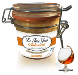 Foie Gras Entier à l'Armagnac - A rich, creamy foie gras pâté infused with the bold flavor of Armagnac brandy. Presented in a 80g, 200g, or 400g glass jar, this premium French delicacy is made from 100% natural ingredients and has a long-term preservation of 3 years.