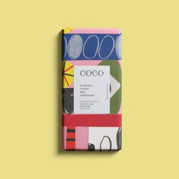 Rhubarb & Ginger | Atelier Bingo - Chocolate Bar with colorful geometric pattern packaging.