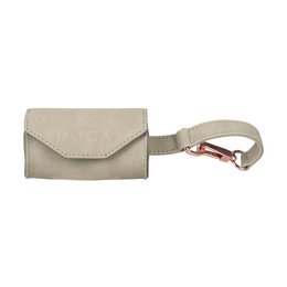 Stone gray poop bag holder with rose gold accents, suitable for carrying dog waste bags.