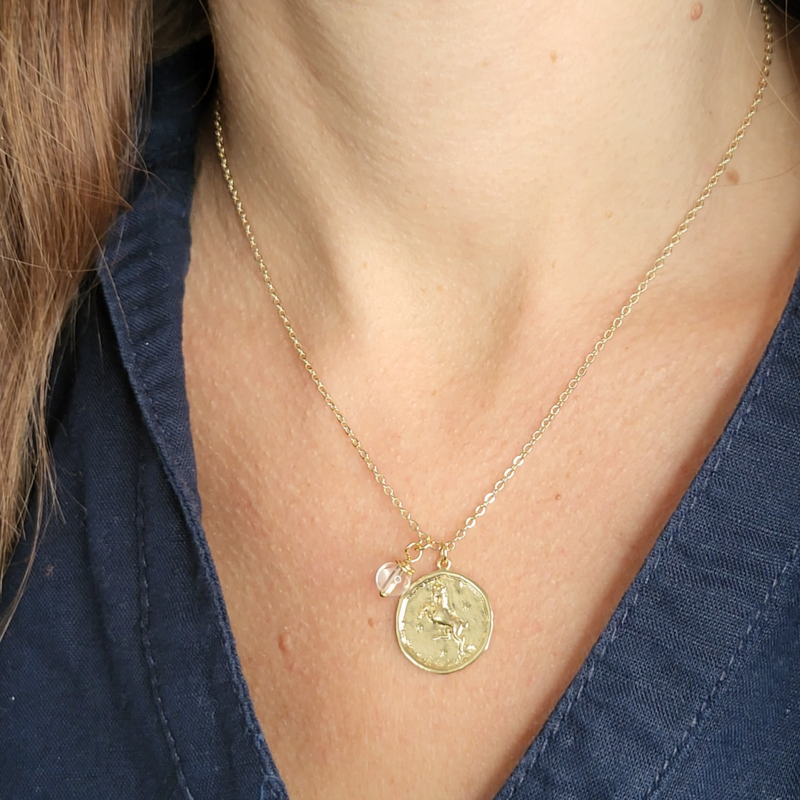 Zodiac Medallion Disc Necklace - Birthstone Pendant