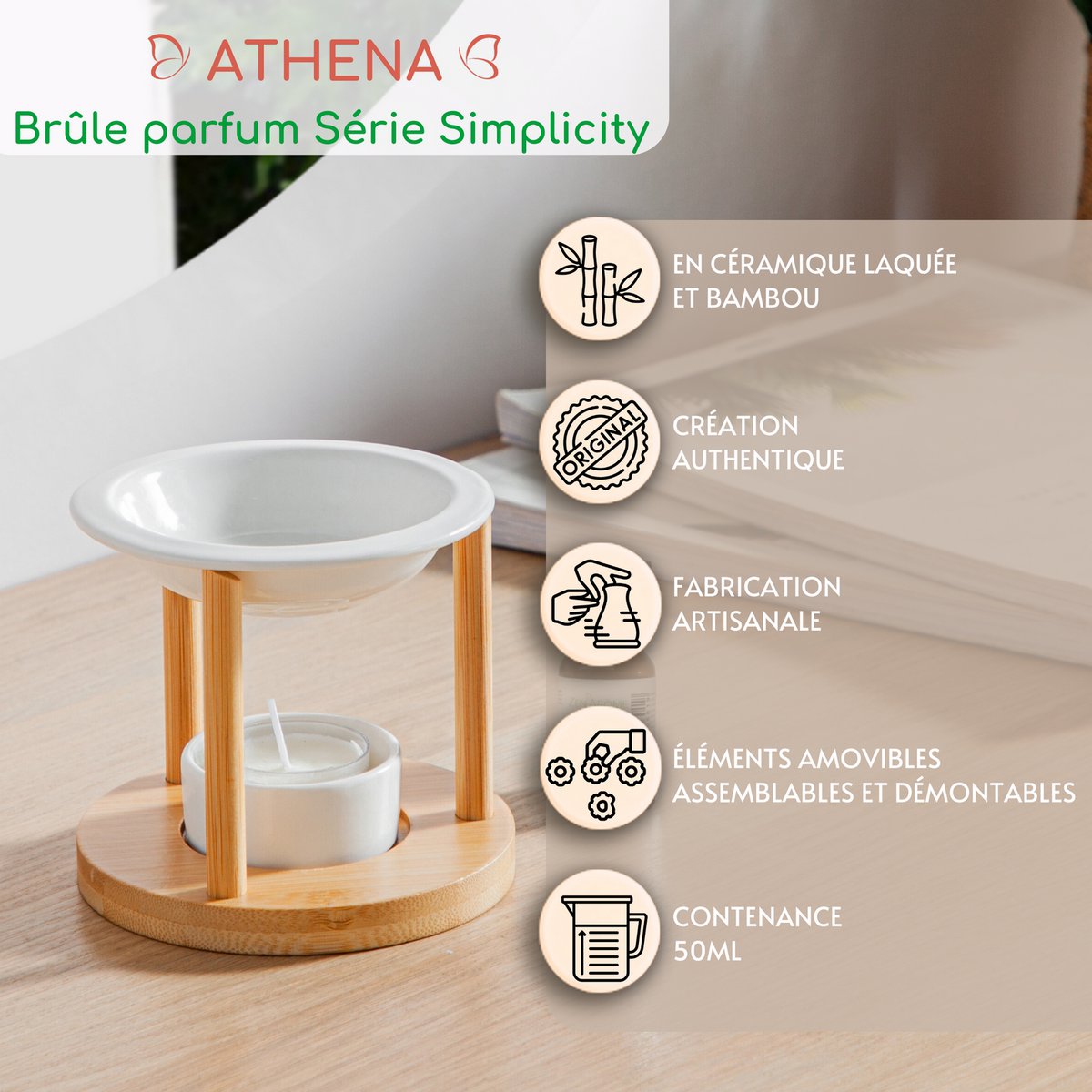 Brûle parfum Série Simplicity - Athena - Céramique Laquée et Bambou - Idée Cadeau - Décoration Simple Moderne