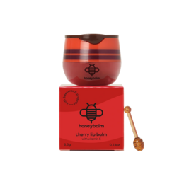 Cherry red lip balm, natural moisturizing balm, paraffin-free, glossy finish, round jar container.