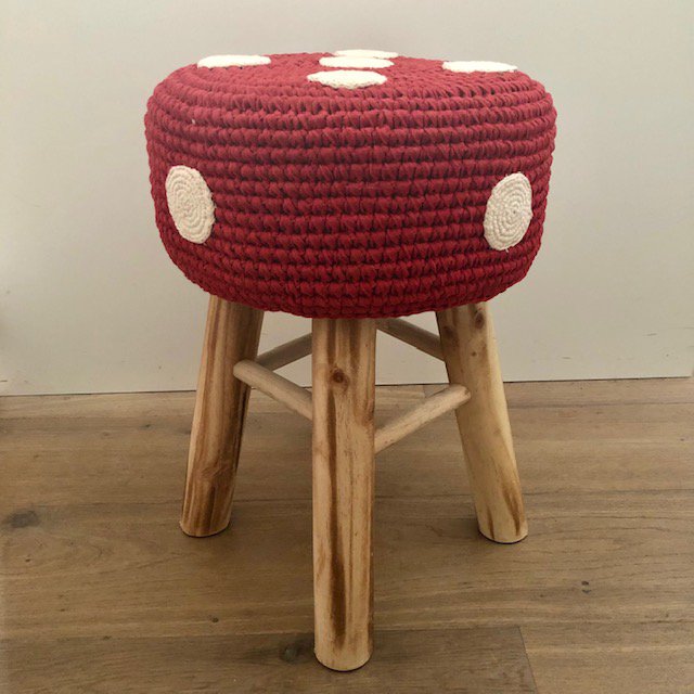 Luna-Leena stool with a mushroom cover red -  cotton & wood - hand crocheted in Nepal