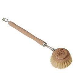 Natural wood handle dishwashing brush with round bristle head, eco-friendly fiber bristles, kitchen cleaning tool