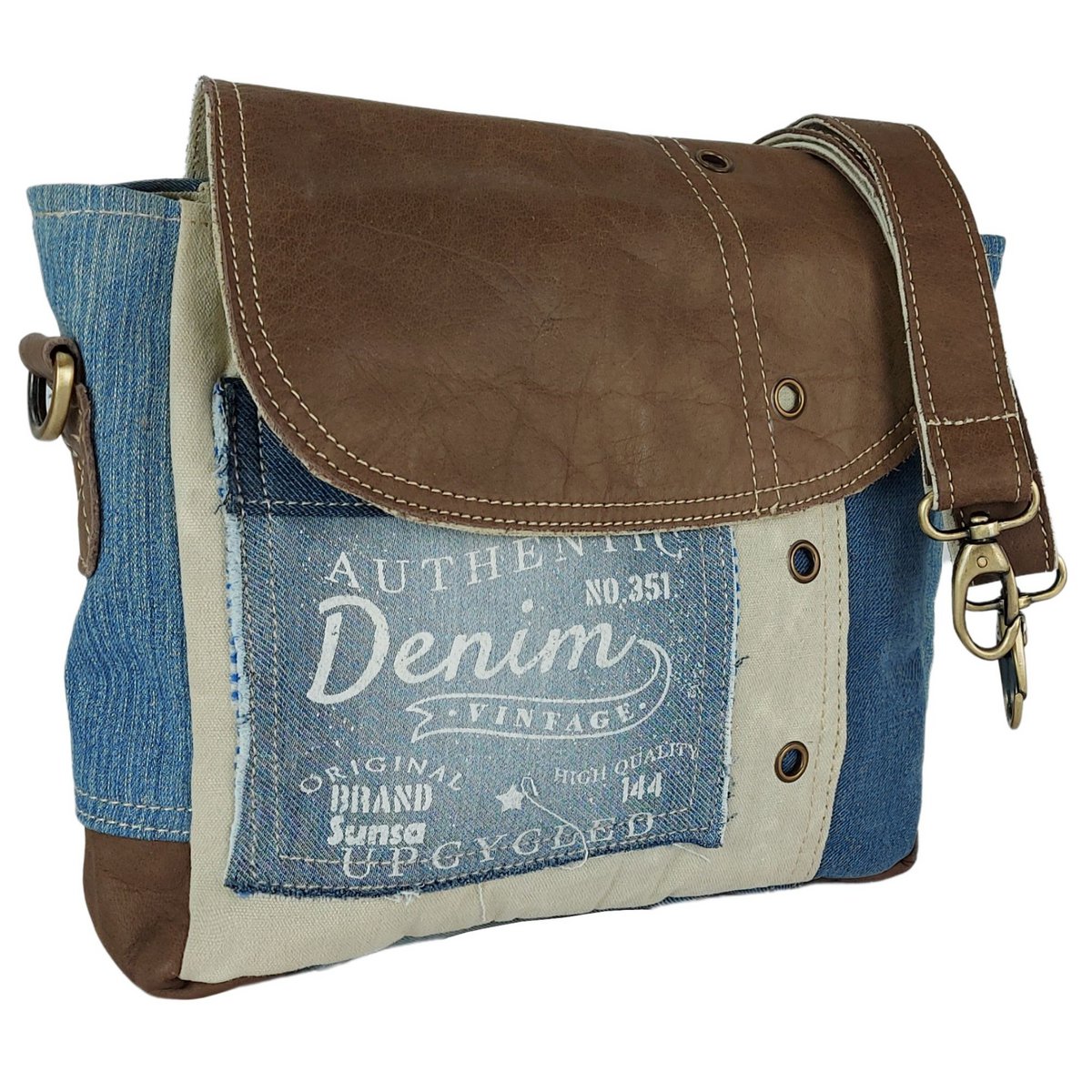 Sunsa damestas. Handtas gemaakt van upcycled jeans en canvas. Schoudertas in messenger-vorm. Schoudertas in vintagestijl. Grote crossbodytas voor dames
