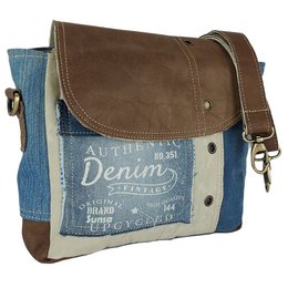 Sunsa damestas. Handtas gemaakt van upcycled jeans en canvas. Schoudertas in messenger-vorm. Schoudertas in vintagestijl. Grote crossbodytas voor dames