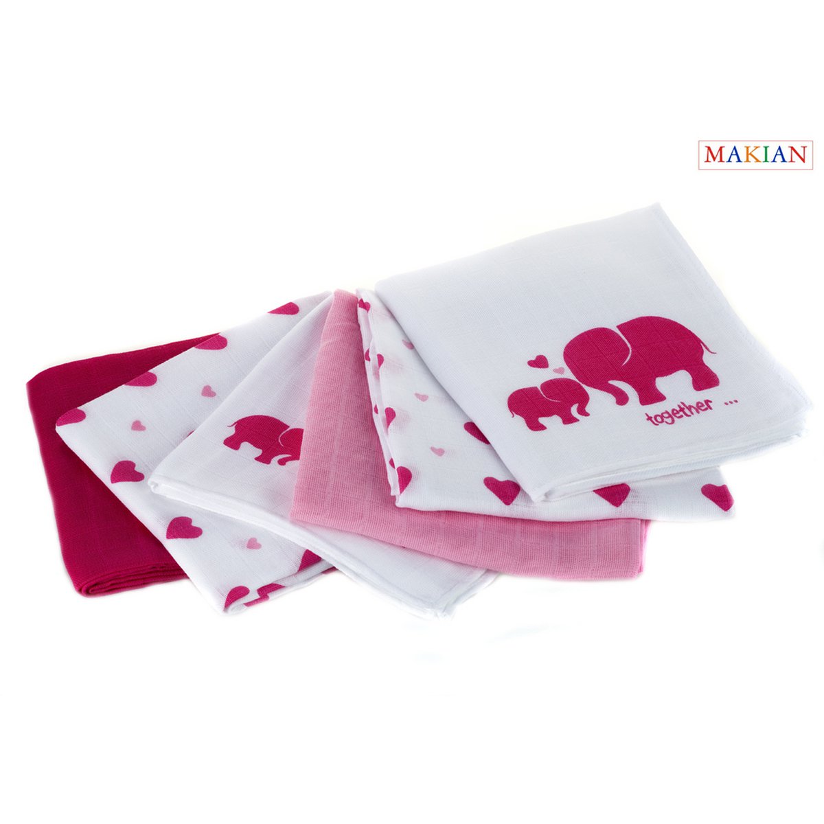 Pannolini idrofili Makian-80x80cm - Set di 6 pezzi-Testato Oeko-Tex-100% Cotone-Bianco/Rosa/Elefante